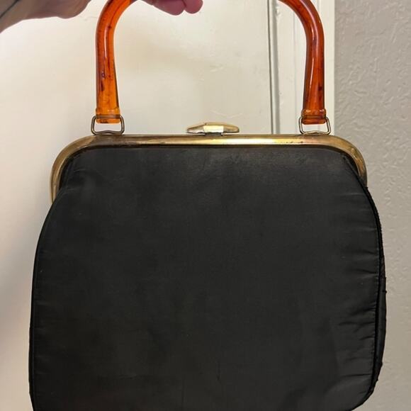 Vintage 1940s Large Black Satin Floral Embroidered Handbag with Lucite Handle 2 - Picture 4 of 12